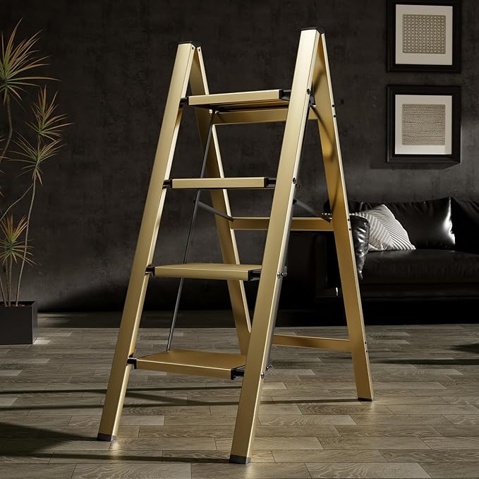 HillhutApex 4 Step Stool, Aluminum Foldable Step Ladder, Lightweight Stable Stool with Wide Non-Slip Pedals, 330lbs Bearing Capacity Ladder for Office,Home,Kitchen - Gold