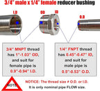 2 Pcs 304 Stainless Steel Reducer Hex Bushing, 3/4" Male NPT to 1/4" Female NPT（3/4"MNPT - 1/4"FNPT） Pipe Fitting Hex Bushing, Heavy Duty Pipe Fitting Reducer Adapter (3/4"mnpt -1/4" fnpt)