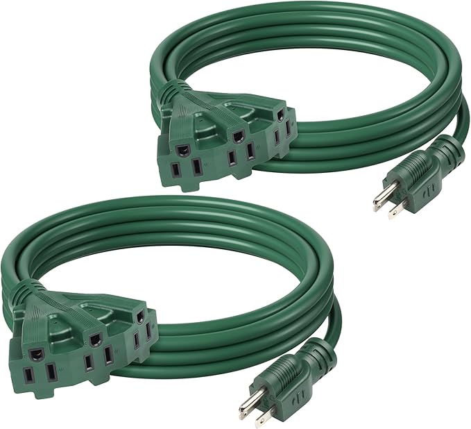 BN-LINK 2-Pack 10Ft Outdoor Extension Cord with 3 Outlets 16/3 SJTW Power Cord, 3-Prong Grounded Plug, for Landscaping & Holiday Decorations, ETL Listed