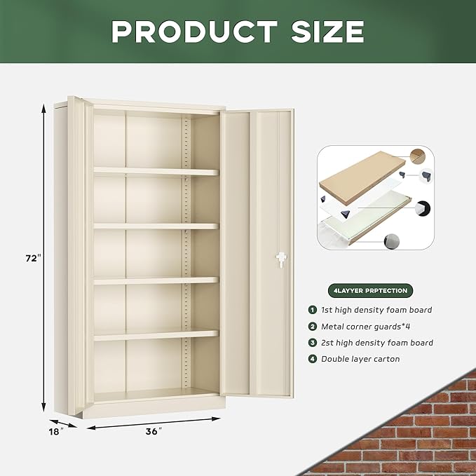 Greenvelly Metal Garage Storage Cabinet with Locking Doors, 72" Grey Lockable Storage Cabinet with Adjustable Shelves, Steel Tool Cabinets,Metal File Cabinet for Home Office, Garage (36" W x 18" D)