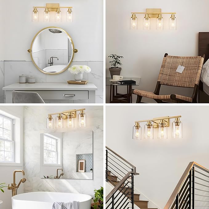 4 Light Gold Bathroom Light Fixtures Brushed Brass Vanity Light Over Mirror Modern Farmhouse Wall Lighting Sconces Wall Lamp for Bathroom, Bedroom, Living Room E26 Socket with Glass Shade