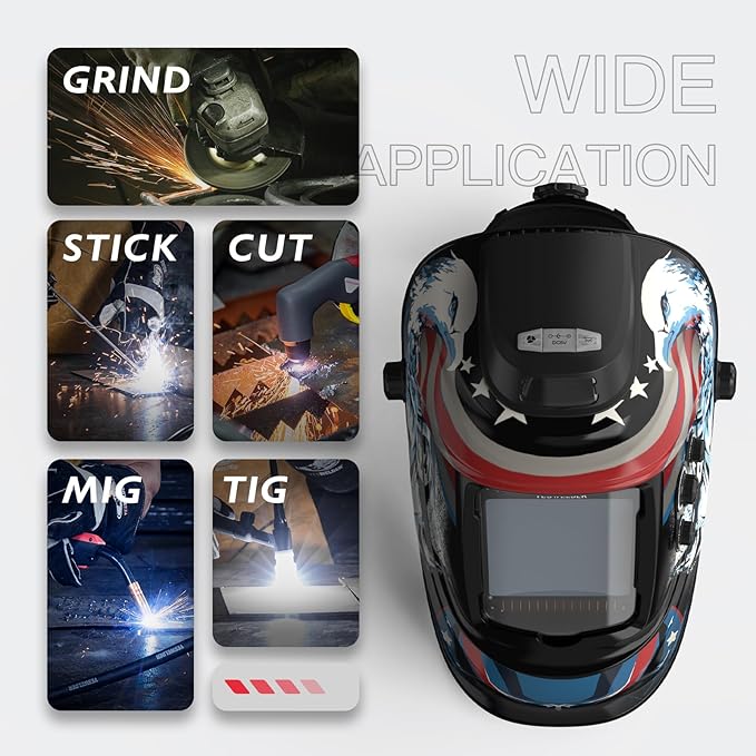 YESWELDER Auto Darkening Welding Helmet with Rechargeable Fan and Light, 3.93"X3.66"Large View 1/1/1/1 True Color 4 Arc Sensor Solar Powered Welding Hood, 3/5-9/9-13 Wide Shade Weld Mask LYG-30800H-BE