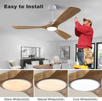 52" Wood Ceiling Fan with Lights Remote Control,Quiet DC Motor 3 Blade Ceiling Fans for Patio Living Room, Bedroom, Office,Indoor Outdoor(Raw wood+White)