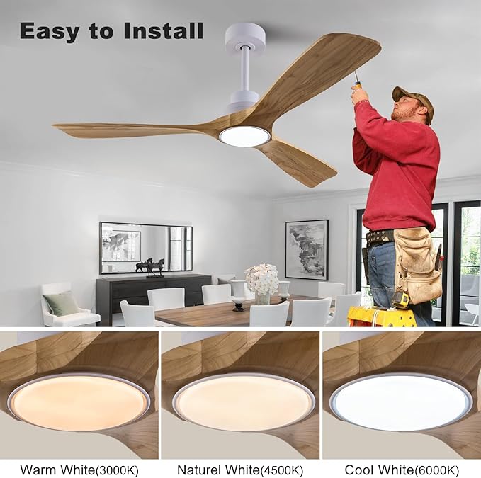 52" Wood Ceiling Fan with Lights Remote Control,Quiet DC Motor 3 Blade Ceiling Fans for Patio Living Room, Bedroom, Office,Indoor Outdoor(Raw wood+White)