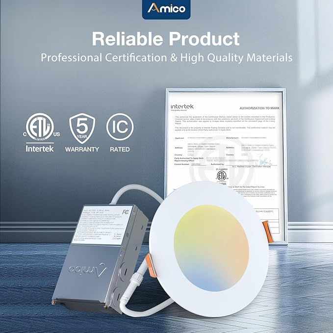 Amico 12 Pack 4 Inch 5CCT Ultra-Thin LED Recessed Dimmable Can/Ceiling Light with Junction Box, 2700K/3000K/3500K/4000K/5000K Selectable, 11W Eqv 70W, 800LM High Brightness Wafer Downlight - ETL&FCC