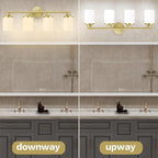 Modern 4-Light Vanity Light Fixtures with Frosted Glass, Brushed Gold Bathroom Sconces Over Mirror