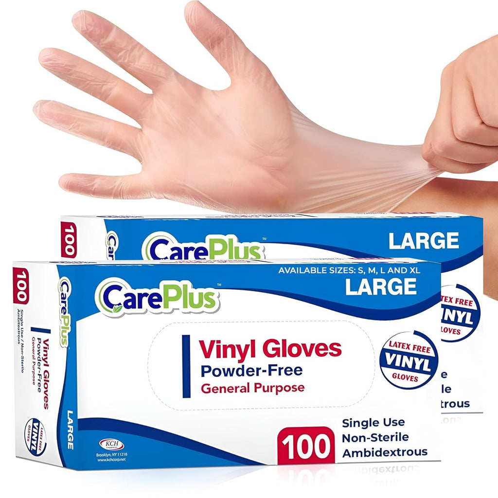 CARE PLUS Vinyl Gloves Clear Large Size 200 Count | Heavy Duty, Non-Sterile, Powder-Free, Latex-Free Rubber | Food Prep, Kitchen & Cleaning Gloves, Ideal for Professional Use