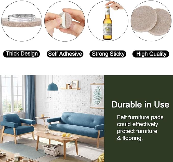 Yelanon Felt Furniture Pads -182 Pcs Premium Felt Pads for Chair Legs Furniture, Floor Protectors for Hardwood Floors, Beige