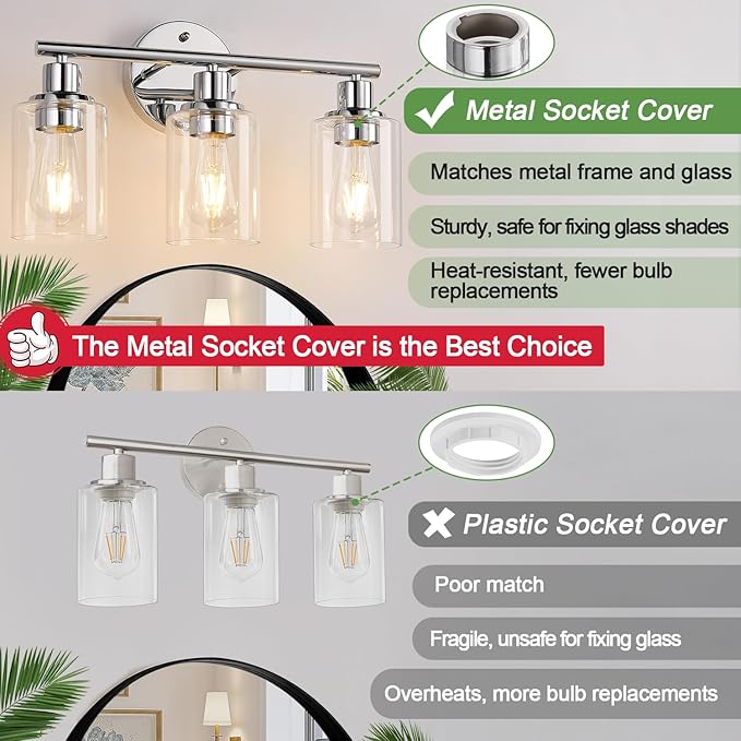 3-Light Bathroom Light Fixtures, Chrome Bathroom Wall Light with Clear Glass Shade, Bathroom Wall Lamp for Mirror Kitchen Living Room Hallway Cabinet