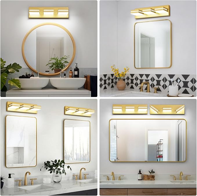 Modern LED Bathroom Lights Fixtures(3-Light),Metal Gold Acrylic Wall Lighting,Vanity Lights for Bathroom Over Mirror 6000k 16In