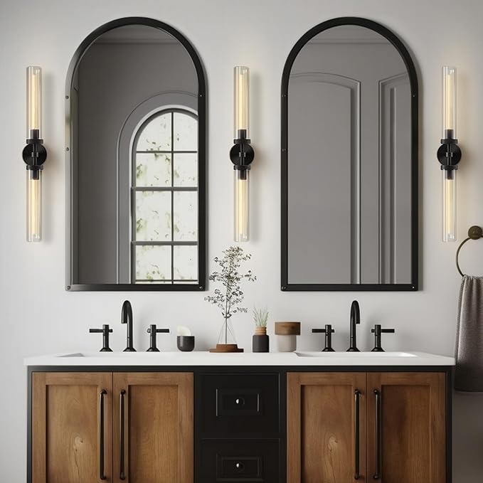 Black Wall Sconces Set of 2, Double Lights 30" Knurled Texture Indoor Wall Light Fixtures, Bathroom Vanity Light Fixtures with Clear Glass, Modern Wall Lamp for Living Room Hallway(Bulb Included)