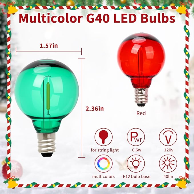 24Pack G40 Christmas LED String Lights Bulbs, E12 Screw Base Shatterproof Red & Green Bulbs for Outdoor Holiday Decor 120V 0.6W Dimmable Equivalent to 7W, Christmas Tree & Patio Lighting