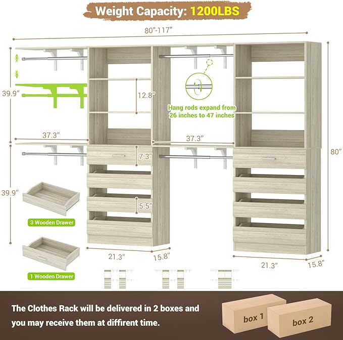 Aheaplus Closet System with 8 Wooden Drawers, Wood Closet Organizer System with Tower, Walk-in Closet Organizer Wardrobe Clothes Rack with 4 Hanging Rods, Garment Rack, Cut to Fit 7-12Ft, White Oak