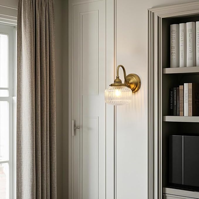 Vintage Gooseneck Wall Sconce 1-Light with Clear Striped Glass Globe Shade Indoor Hardwired Wall Mounted Lamp Fixture