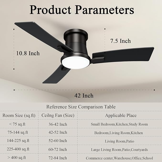 42 Inch Ceiling Fans Black Lights and Remote,White Low Profile Ceiling Fan with Light,Flush Mount,Reversible,6 Speeds,3CCT Dimmable,for Bedroom,Living Room,Indoor Patio