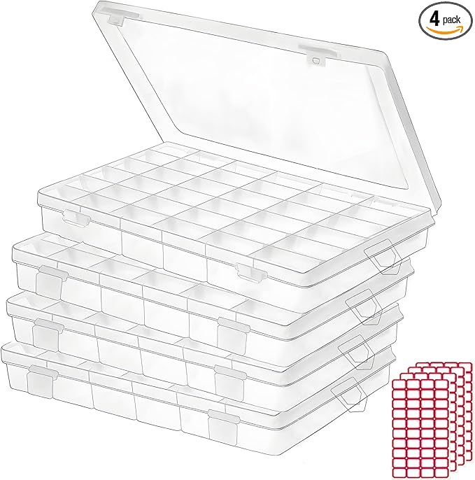 4pack 36 Grids Plastic Clear Organizer Box Bead Storage Containers with Adjustable Dividers for Craft Jewelry Fishing Tackles Parts Storage with 4 Sheets Label Stickers