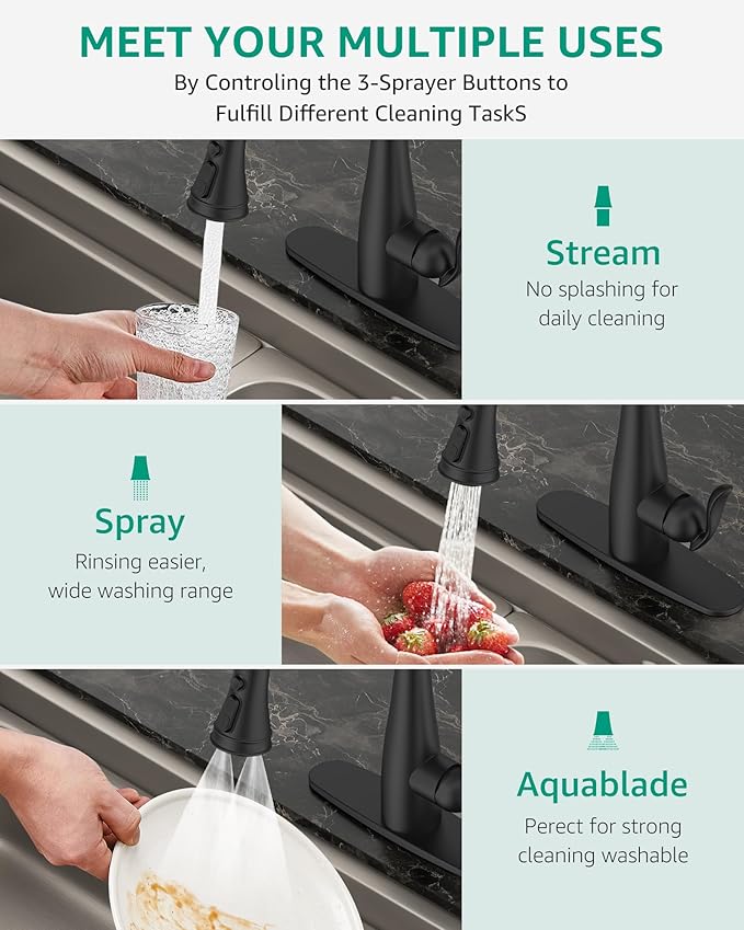Mbillion Universal Matte Black Kitchen Faucet Sprayer Head Replacement – 3-Function Pull-Down Nozzle with 14 Adapters – Fits Moen, Delta, Kohler, WEWE & American Standard