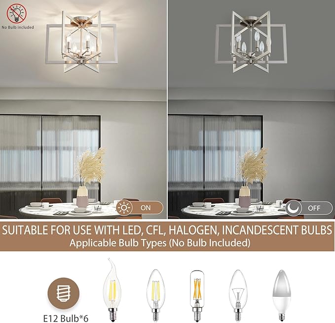 Brushed Nickel Ceiling Light, 20 Inch Chandelier for Dining Room Geometric Metal Modern Chandelier Light Fixture for Kitchen Island Living Room Entryway, 6-Light