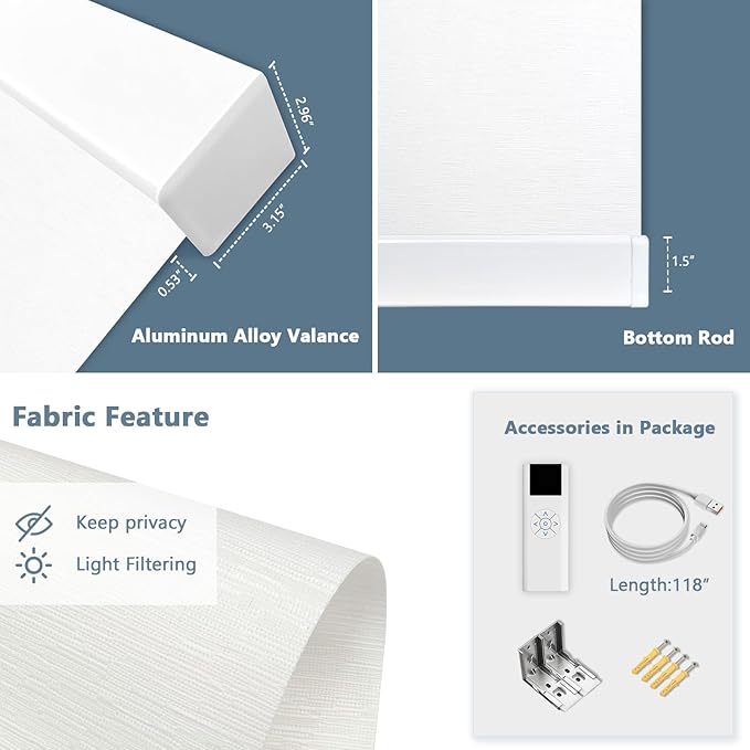 Motorized Blinds with Remote Cordless Automatic Motorized Shades Custom Blinds for Windows Smart Curtains Compatible with Alexa Google Home(Light Filtering Cloud White,W28 x H72in)