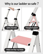 Taranta 3 Step Ladder, Lightweight Aluminum Step Stool with Convenient Handgrip, Folding Ladder with Anti-Slip Pedals, 330lbs Capacity Stepladder for Home, Office, Kitchen - White
