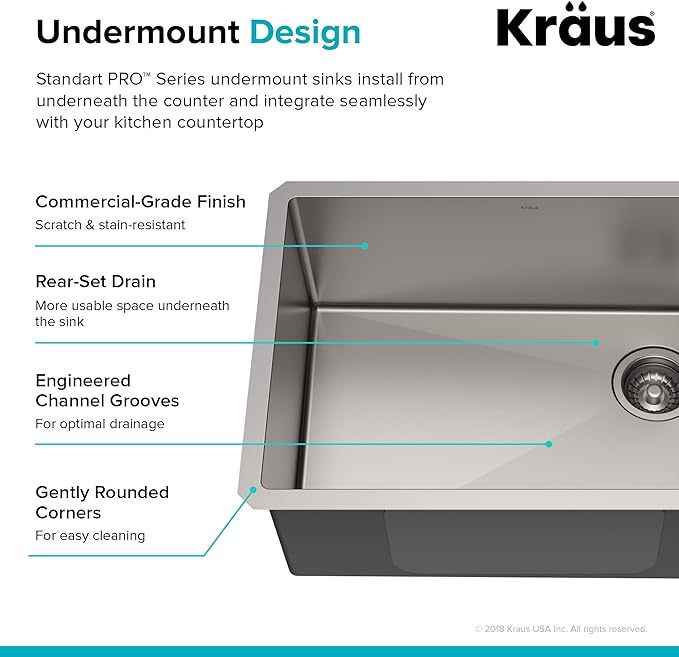 Kraus KHU111-25 Standart PRO 16 Gauge Undermount Single Bowl Stainless Steel Kitchen Sink, 25 Inch