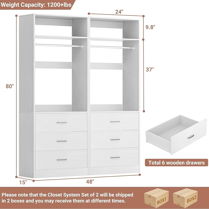 Closet System Set of 2, 4FT Closet Systems with 6 Wood Drawers, 48" Closet Organizer System with 2 Hanging Rods & 2 Shelves, Heavy Duty 48 Inch Walk-in Closet , White (48"L x 15" W x 80" H)