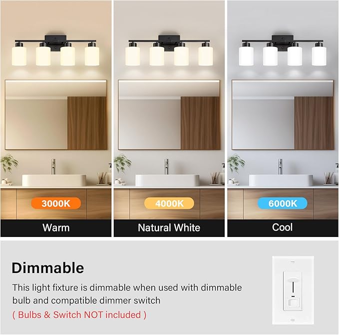 Black Bathroom Light Fixtures, 4-Light Modern Vanity Light Over Mirror, Wall Sconces with Milky White Frosted Glass Shades, E26 Socket (Bulbs Not Included)