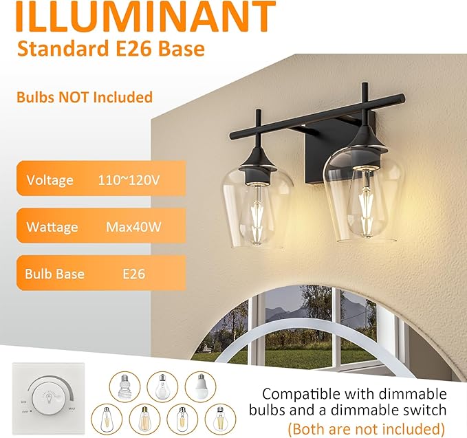 Vanity Bathroom Light, 2-Light Bathroom Light Fixtures Over Mirror, Black Vanity Lights for Bathroom with Clear Glass, Modern Wall Lamp for Cabinet Hallway, Bedroom