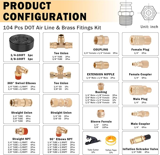 CheeMuii 100 PCS Brass DOT Air Line Fittings with 100FT 1/4" and 100FT 3/8" DOT Air Line Kit Push Lock Air Fitting Quick Connect & NPT Thread Fittings with Pneumatic Tubing