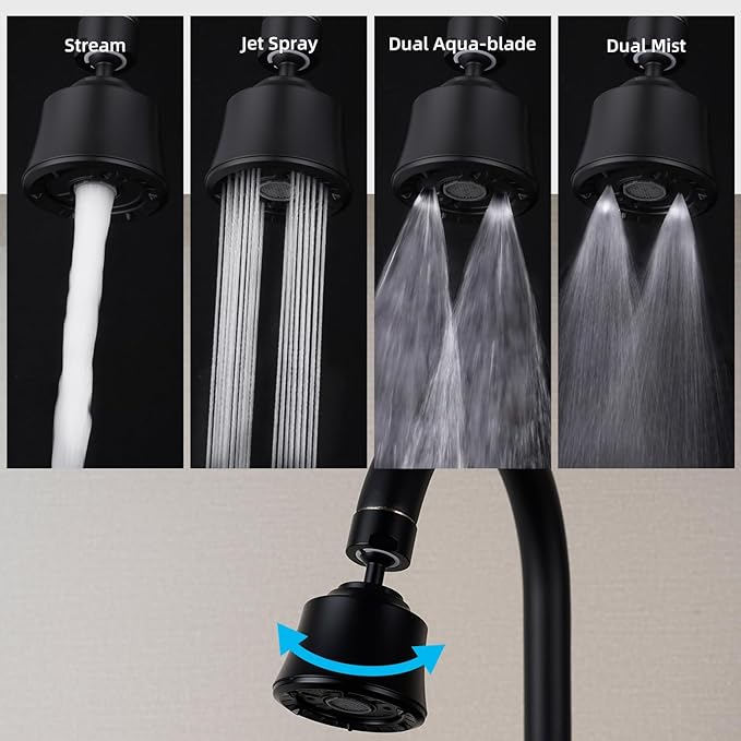 iFealClear Kitchen Sink Faucet Head, 360° Faucet Sprayer Attachment, Large Angle Rotatable Kitchen Faucet Aerator with 2 Ball Joint, 4 Spray Modes, Extra Male Female Thread Adapters, Matte Black