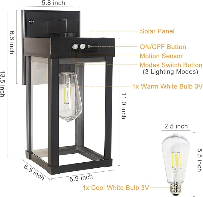 2 Pack Solar Wall Lights Outdoor Waterproof with 3 Lighting Modes & Motion Sensor, Dusk to Dawn Exterior Porch Light fixtures, Solar Wall Lantern Fixture for Garage Porch Yard Front Door