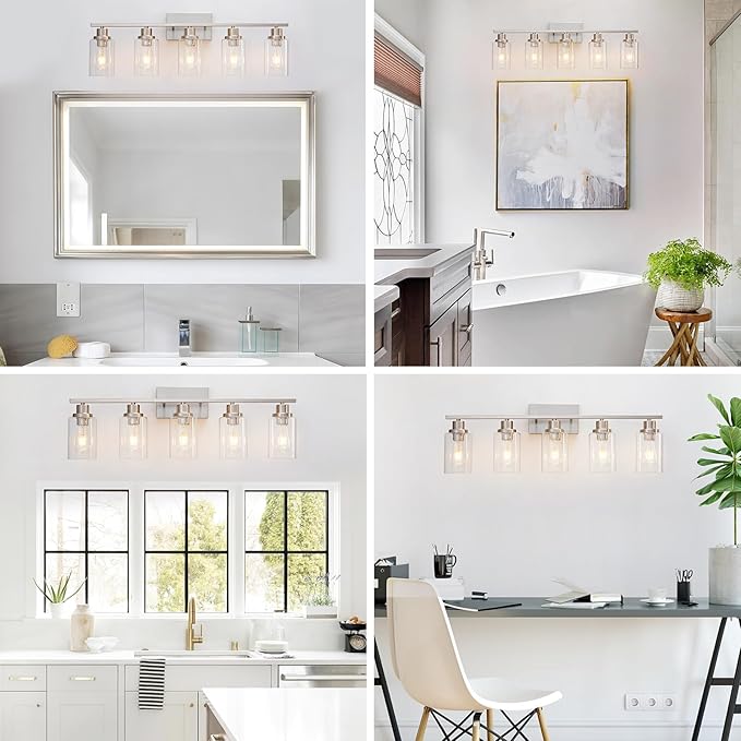 5 Light Bathroom Light Fixtures Brushed Nickel Vanity Light Over Mirror Modern Farmhouse Wall Lighting Sconces Wall Lamp for Bathroom, Bedroom, Living Room E26 Socket with Glass Shade