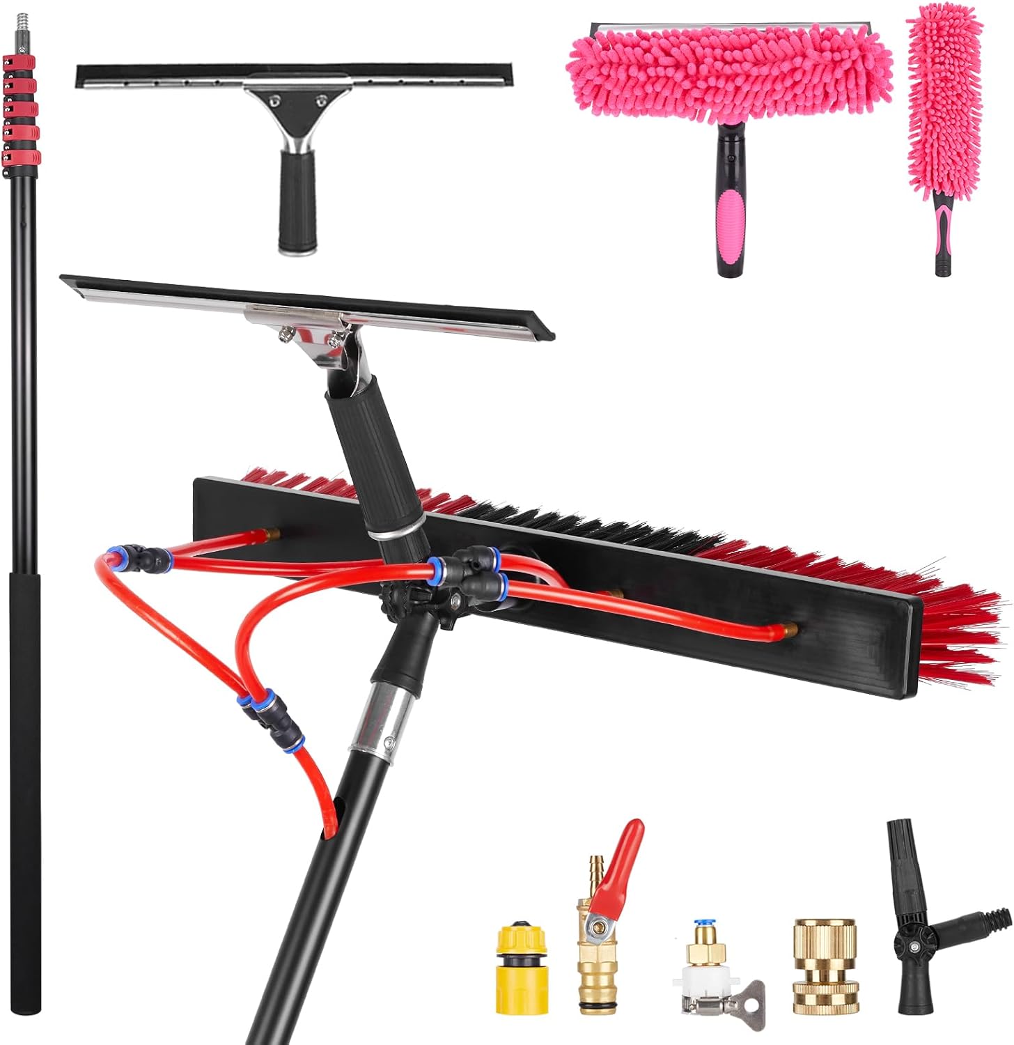 30FT Solar Panel Cleaning Brush & Squeegee Kit, Proffesional Window Washing Tool, 22in Wide Brush & 2 Dusting Brush, Water Fed Pole, Extendable Telescopic Pole for Roof Mounted Solar Panels