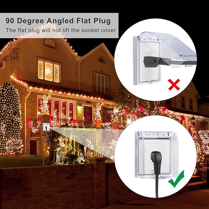 KUNCAN Outdoor 3-Outlet Power Splitter, 90-Degree Flat Plug 1 to 3 Way Outlet Adapter 1.5FT SJTW 16AWG 3-Prong Power Cord Extension Strip with Outlet Cover for Holiday Decoration String Light(2-Pack)
