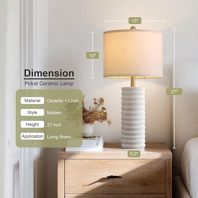 PoKat 27" Stone-Like Farmhouse Ceramic Table Lamps Set of 2 for Bedroom, Rustic Nightstands Lamps for Night Stands, Distressed Neutral Bedside Lamps with Natural Textured for Living Room, Home Decor