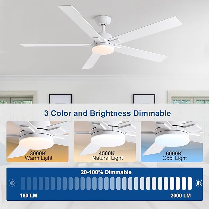 60 Inch Ceiling Fans with Lights and Remote, 6 Speed Reversible DC Motor, 3CCT Dimmable LED, 5 Blades, White Modern Ceiling Fan for Bedroom, Living Room & Covered Outdoor, Includes Downrod