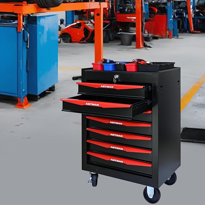 7-Drawer Steel Rolling Tool Cart with Wheels & Handle, Heavy-Duty Tool Chest Storage Cabinet for Garage and Workshop