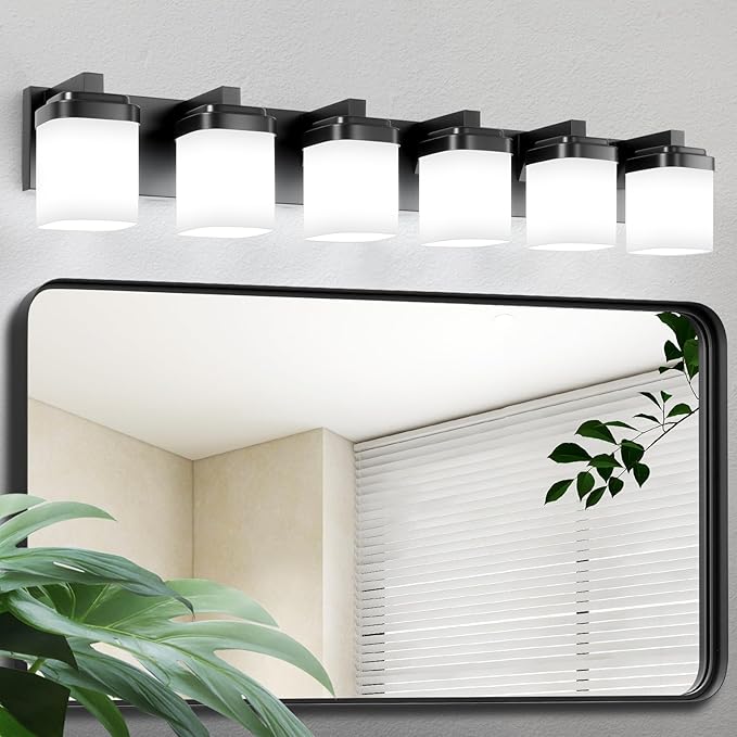 6-Light Black Bathroom Light Fixtures, E26 Base Vanity Lights for Bathroom Mirror Lamp with Milky White Square Glass Shade, Modern Wall Sconce Light Kitchen Light Fixtures Led Vanity