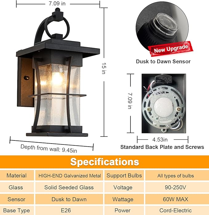 Dusk to Dawn Outdoor Wall Lantern Exterior Light Fixtures Wall Mount Porch Light with Photocell Sensor Waterproof Outside Wall Lights for House, Patio, Garage, Black with Seeded Glass