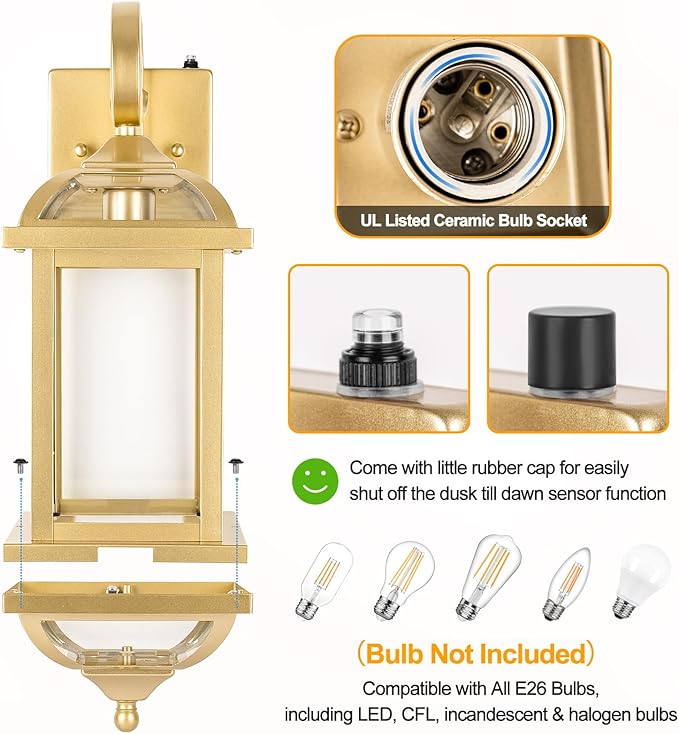 Large Dusk to Dawn Golden Outdoor Sconces 2-Pack, Anti-Rust Aluminum Brass Outdoor Light Fixtures Enclosed Bottom Exterior Lighting Wall Scones IP65 Waterproof Outside Wall Lanterns
