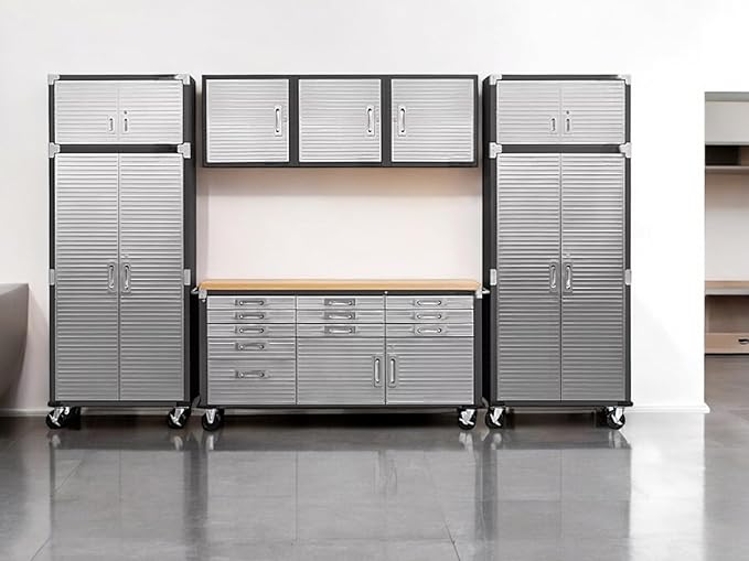 Heavy Duty 8-Piece Steel Garage Cabinet Storage Set with Rolling Workbench, 12 Feet Wide (Graphite)