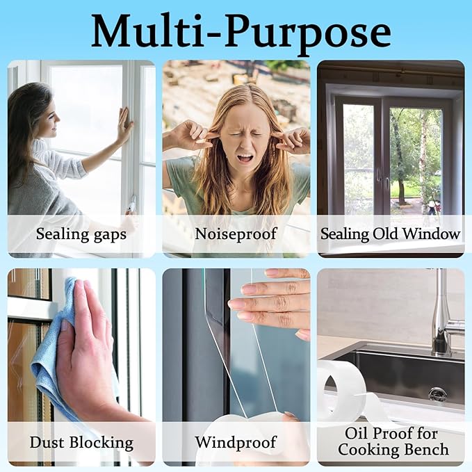 Weather Stripping Sealing Tape Clear Windows Insulation for Doors Draft Isolation Gaps Adhesive Nano Residue-Free (2 in x 33FT)