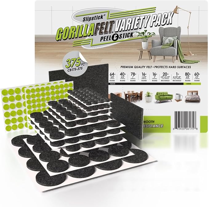 Slipstick Gorilla Felt Furniture Pads (375 Piece Variety Pack) Premium Furniture Pads & Chair Leg Floor Protectors for Hardwood Floors & Hard Surfaces