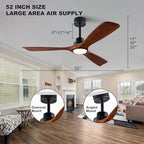 52" Wood Ceiling Fan with Lights Remote Control,Quiet DC Motor 3 Blade Ceiling Fans for Patio Living Room, Bedroom, Office,Indoor Outdoor(Black+Dark Walnut)