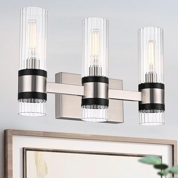 MELUCEE 3-Light Bathroom Light Fixtures Brushed Nickel, Farmhouse Vanity Lighting with Ribbed Clear Glass Shade Bathroom Bar Light Fixtures for Kitchen Bedroom Hallway, E12 Base