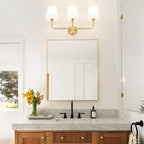 Bathroom Light Fixtures, 3-Light Brushed Gold Vanity Lights, Bathroom Lighting Fixtures Over Mirror with Flared White Fabric Shade, Modern Wall Sconces for Living Room Hallway