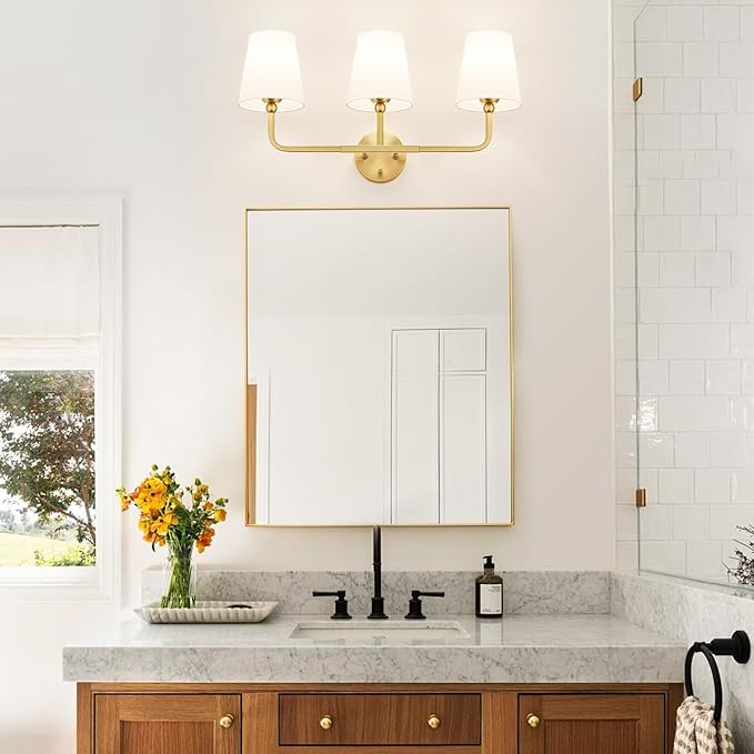 Bathroom Light Fixtures, 3-Light Brushed Gold Vanity Lights, Bathroom Lighting Fixtures Over Mirror with Flared White Fabric Shade, Modern Wall Sconces for Living Room Hallway