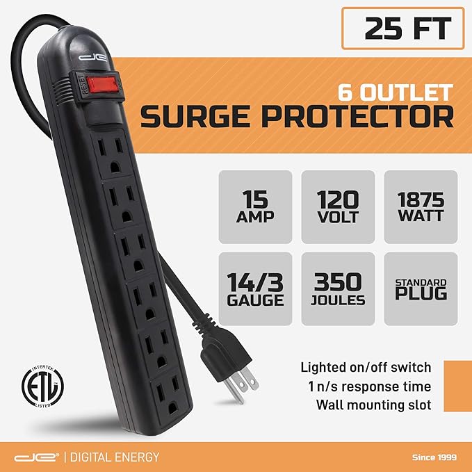 Digital Energy 6-Outlet Surge Protector Power Strip with 25-Ft Long Extension Cord, Black, ETL Listed/UL Standard