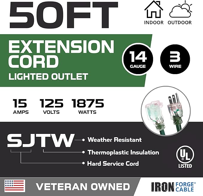 Iron Forge Cable Weatherproof 50 Ft Outdoor Extension Cord - 14/3 SJTW 15 Amp Heavy Duty Green Extension Cord 3 Prong - Lighted End