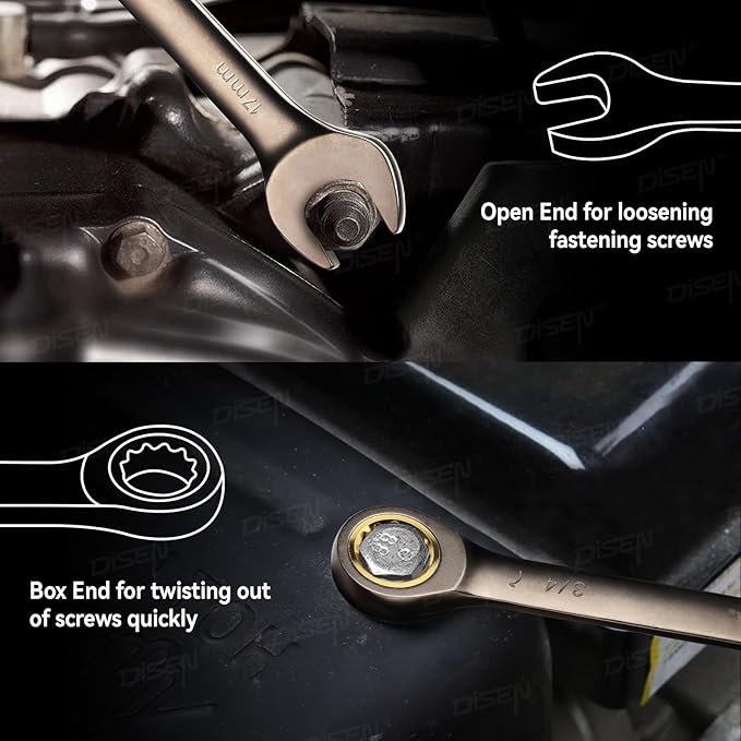 DISEN 26 Piece Ratcheting Wrenches Set 90 Teeth, Combination Wrenches Set Metric 6MM-19MM and SAE 1/4 Inch-13/16 Inch, Cr-V Steel, Ratchet Set Nickel Plating with Organizer Visit the Store